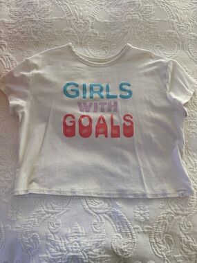 Athleta Girl White Tee with Blue, Purple & Red Slogan